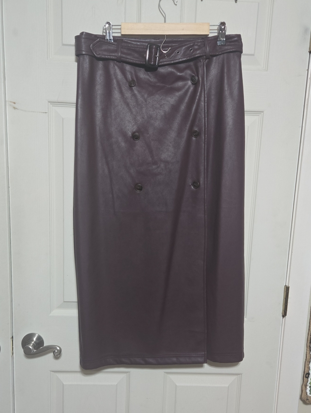 Skies Are Blue Plum Faux Leather Double-Breasted Pencil Skirt with Belt